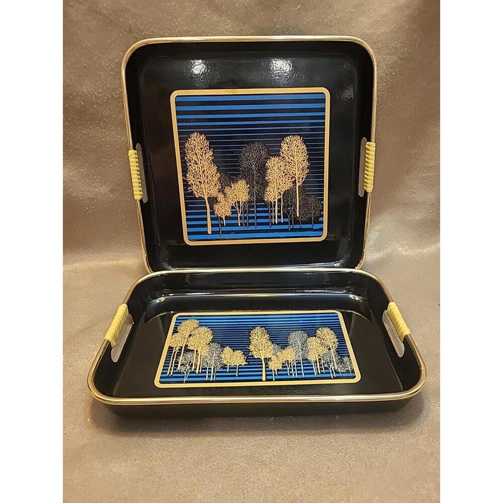 VTG 80s Srednick Serving Trays 2 - Gold Trees Black Blue Sky Japanese Stack